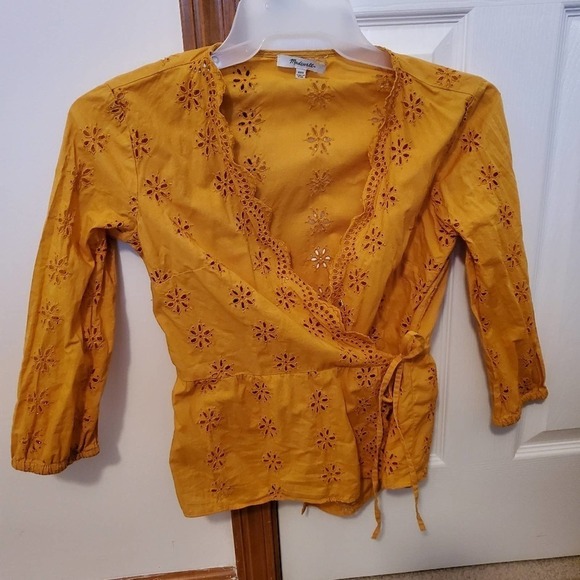 Madewell scalloped eyelet wrap yellow blouse xxs - Picture 2 of 7